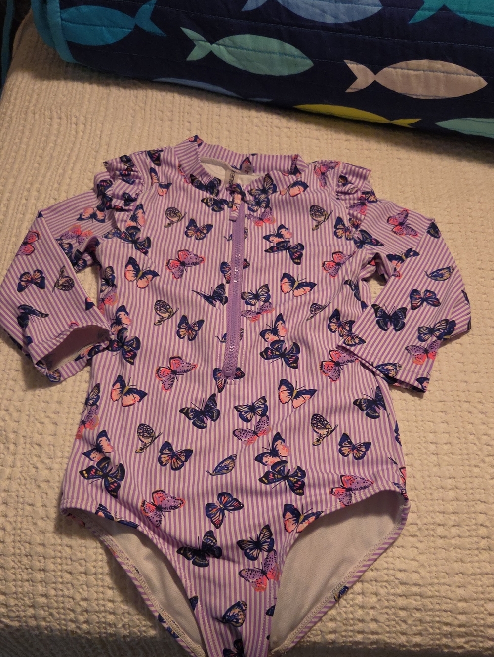 Kensie Girls Lavender & White Striped Butterfly Rash Guard Swimsuit